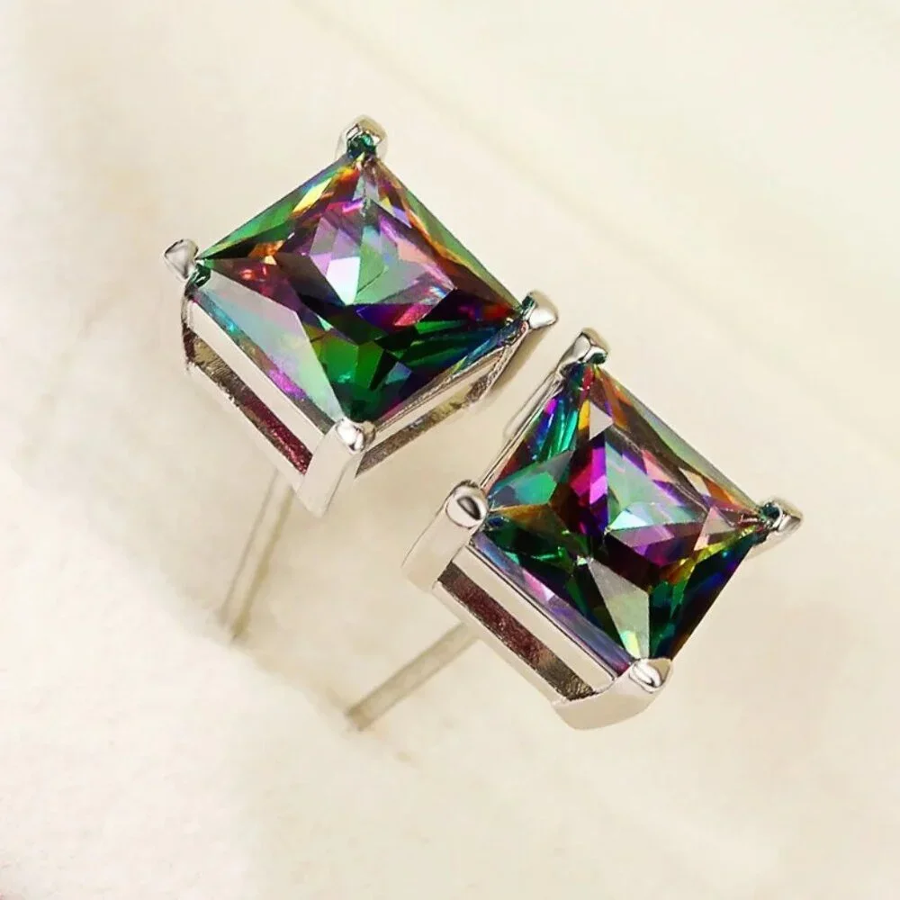 Mystic Rainbow Topaz 3.50CT Princess Cut Earring Pair, 925 Sterling Silver - Picture 7 of 7